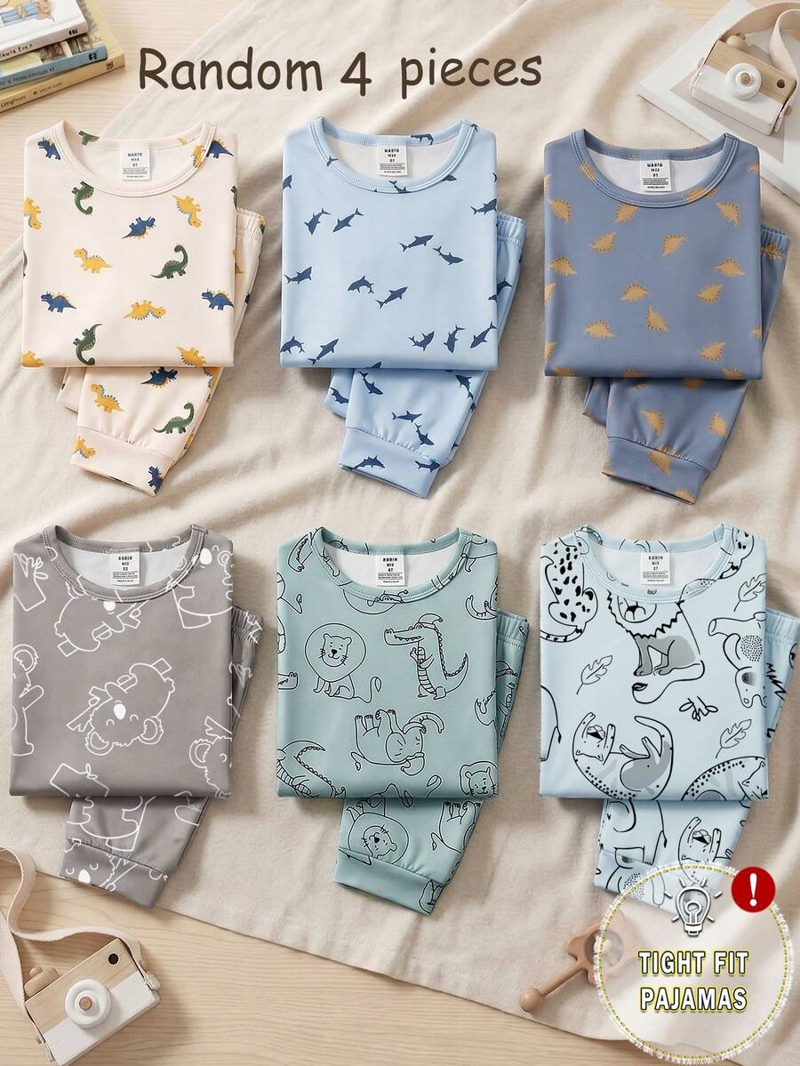 SHEIN [Bộ 6 món, giao ngẫu nhiên 2 món/bộ] Bộ đồ ngủ ôm sát cho bé trai, hàng mới về mùa xuân/hè, họa tiết thời trang bán chạy: Khủng long, Cá mập, Sư tử, Voi, Cá sấu, Gấu Koala, vải dệt kim co giãn, áo tay ngắn và quần dài. Bộ đồ ngủ 2 món - Nhiều màu - Xem 1
