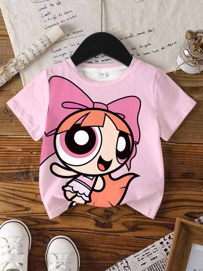 THE POWERPUFF GIRLS X SHEIN 少女卡通印花圆领短袖T恤，时尚百搭