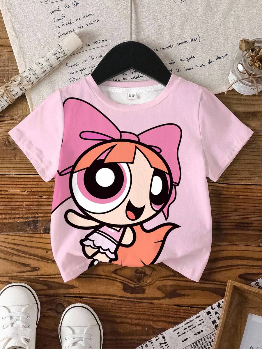 THE POWERPUFF GIRLS X SHEIN Áo thun ngắn tay cổ tròn in hình hoạt hình dành cho bé gái, thời trang và đa năng. - trắng - Xem 1