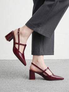 CUCCOO BIZCHIC Sapatos Femininos Bico Fino Bordô em PU com Fivela Metálica, Versáteis para Uso Diário, Moda, Festa, Compras, Festival, Confortáveis, Salto Bloco - Vinho - Visão 1