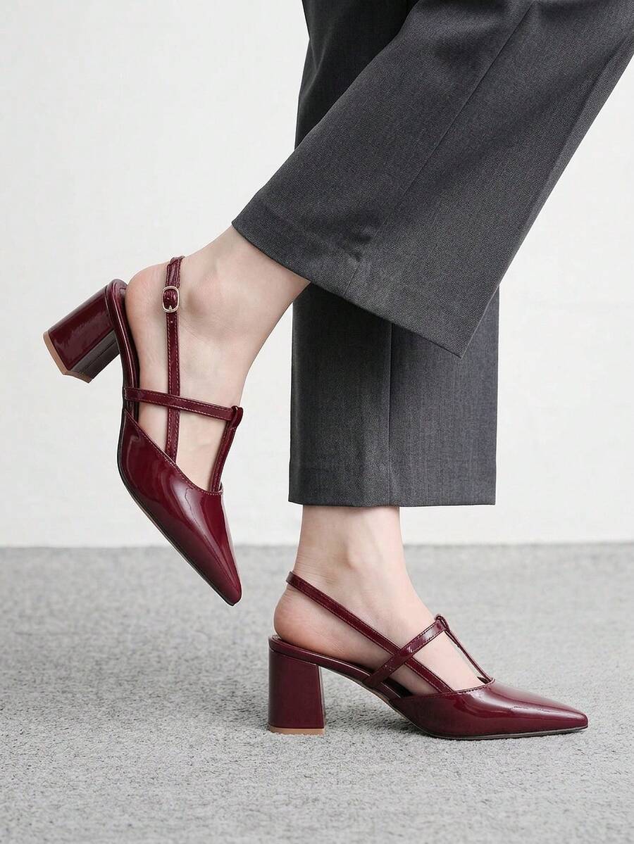 CUCCOO BIZCHIC Sapatos Femininos Bico Fino Bordô em PU com Fivela Metálica, Versáteis para Uso Diário, Moda, Festa, Compras, Festival, Confortáveis, Salto Bloco - Vinho - Visão 1