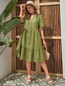 EMERY ROSE Plus Size Women Solid Color Notched V-Neck Short Sleeve Single-Breasted Casual Dress - Green - View 5