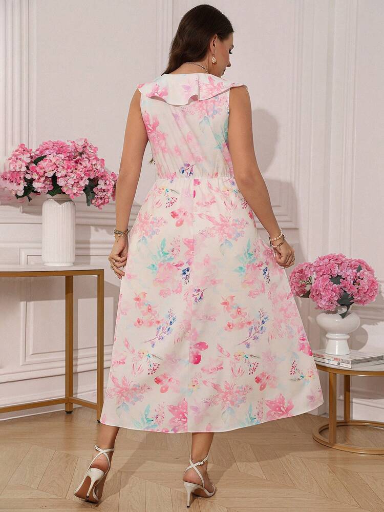 Plus Size Women Floral Print Ruffle Hem Elegant Dress
