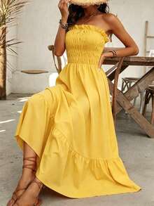 EMERY ROSE Vestido largo de mujer casual sin tirantes para verano y vacaciones con decoración de volantes sencillos - amarillo ganso - Ver 5