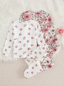 Cozy Pixies Bộ đồ ngủ 4 món ôm sát cho bé gái, áo dài tay cổ tròn dệt kim mềm mại họa tiết hoa nhí và quần dài cạp chun. - Nhiều màu - Xem 2