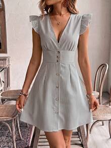 SHEIN Frenchy Đầm nữ dáng chữ A cổ chữ V tay ngắn cài nút, họa tiết sọc đen trắng, trang phục thường ngày. - Nhiều màu - Xem 4