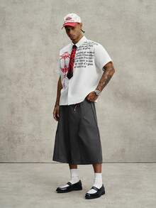 PAVTROS Manfinity Streetrush Men's Gothic Print Short Sleeve Shirt,White And Red,Summer,Streetwear,City Break Avant-Garde Modern Fashion Gift For Him - White - View 7