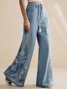 Anewsta Women's Elegant Bohemian Embroidered Blue Wide Leg Casual Pants, Suitable For Spring/Summer, Romantic Party, Vacation - Blue - View 5
