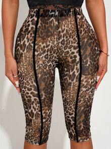 SHEIN SXY Sexy Sheer Leopard Print Capri Leggings, Spring/Summer - Brown - View 6