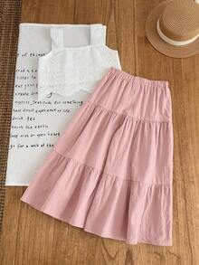 Emery Rose Kids Emery Rose Kids 2件套少女纯色梭织方领荷叶边休闲吊带背心和长裤套装 - 粉色 - 查看 2
