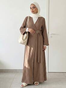 Solavon Áo choàng Abaya kiểu Ả Rập thanh lịch dành cho nữ, kiểu quấn, buộc dây, tay loe. - Cà phê nâu - Xem 7