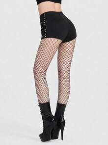 Breakform Women's Gothic Goth Laced Elastic Waist Low-Rise Black Super Shorts With Metal D-Ring Rivet Webbing,Fishnet Mesh Tights For Night Out Summer Rave - Black - View 4