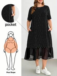 Shapeblank Đầm midi tay ngắn bằng chiffon chấm bi đen dành cho nữ cỡ lớn, thời trang thường ngày, thoải mái, thoáng mát, đa năng, tôn dáng, thích hợp mặc hàng ngày, có túi, kiểu dáng đơn giản, trang phục đi nghỉ mát, mùa hè châu Âu, đầm chấm bi. - Đen và trắng - Xem 1