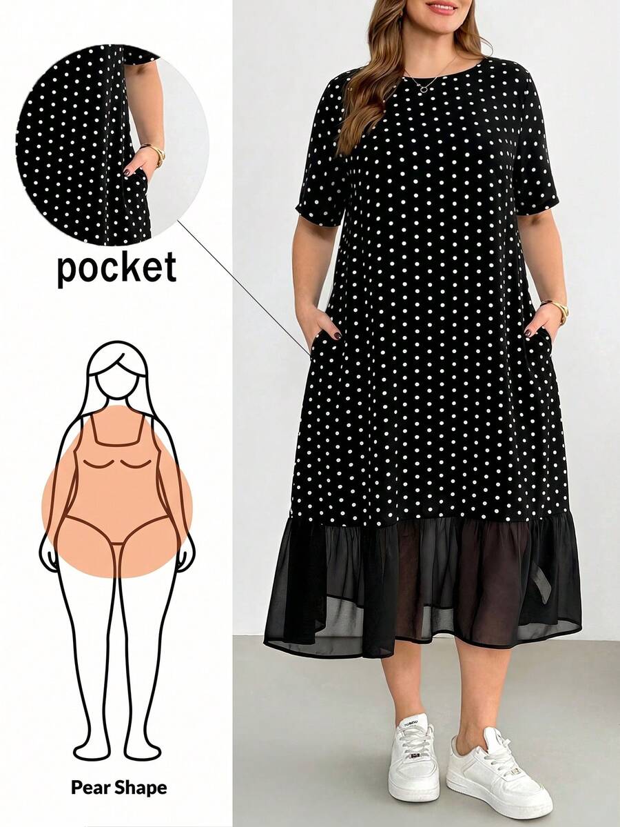 Shapeblank Đầm midi tay ngắn bằng chiffon chấm bi đen dành cho nữ cỡ lớn, thời trang thường ngày, thoải mái, thoáng mát, đa năng, tôn dáng, thích hợp mặc hàng ngày, có túi, kiểu dáng đơn giản, trang phục đi nghỉ mát, mùa hè châu Âu, đầm chấm bi. - Đen và trắng - Xem 1