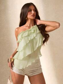 SHEIN BAE Áo kiểu nữ màu xanh lá cây bóng mượt, chất liệu chiffon, dây mảnh, lệch vai, có bèo nhún, thích hợp cho kỳ nghỉ biển, mặc hàng ngày, đi làm. Áo kiểu chiffon xanh lá cây, áo hai dây đi nghỉ mát, áo hai dây màu xanh lá cây, áo hai dây xanh lá cây thanh lịch cho kỳ nghỉ. - màu xanh lá - Xem 5