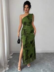 Rafferiza Women's Elegant Asymmetric Shoulder Ruched Tie Dye Mesh Drawstring Split Dress - Green - View 3