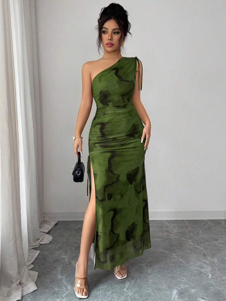 Vestido de mujer elegante con hombro asimétrico, fruncido, efecto tie-dye, malla y cordón de ajuste con abertura lateral - Verde - Añade 8