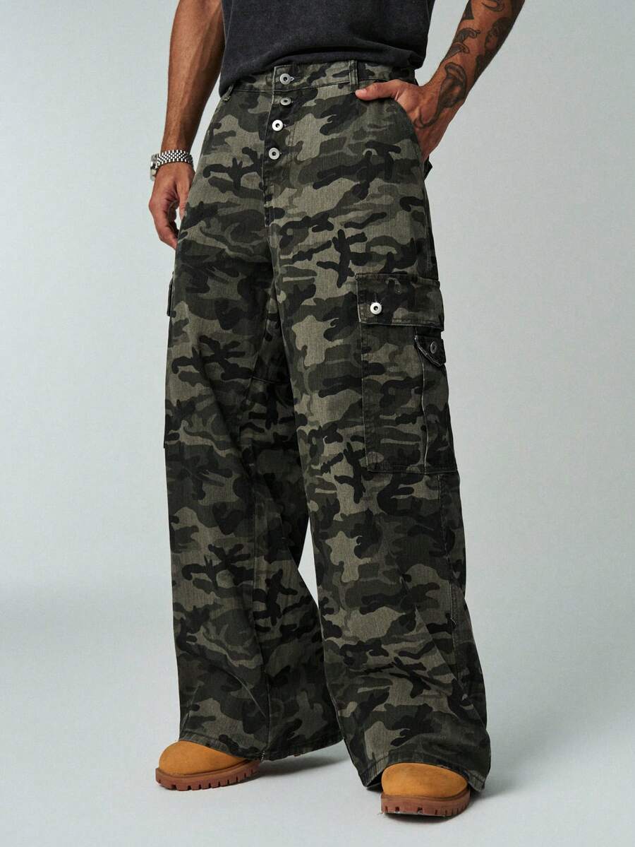ÉpureWay Streetwear Camouflage Cargo Pants, Button Design Multi-Pocket Casual Loose Wide Leg Jeans 90s Style - Army Green - View 1