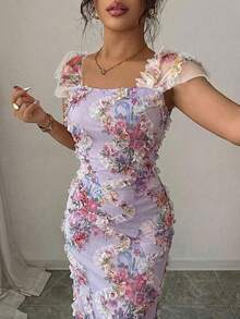 Elenzga Đầm midi nữ thanh lịch, lãng mạn, chất liệu lưới in họa tiết, xếp ly, thích hợp cho mùa cưới, tiệc tùng, hẹn hò, đi chơi thường ngày, mùa xuân/hè. - Màu tím - Xem 7
