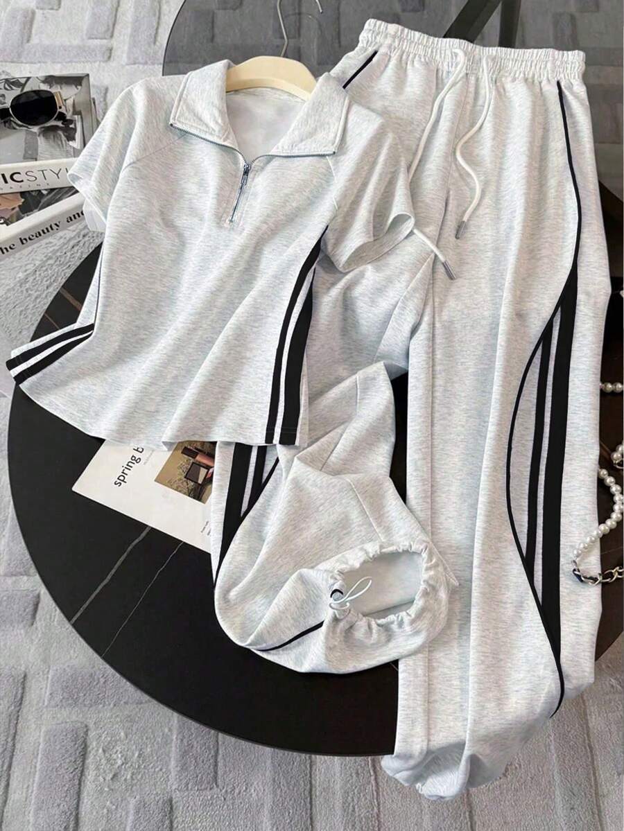 Resyla Stand Collar Raglan Short Sleeve Top + Casual Long Pants - Light Grey - View 1