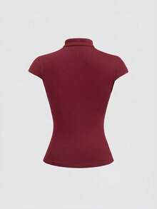Sweetra Women's Black Mandarin Collar Button Design Slit Fitted Retro New Chinese Style T-Shirt - Burgundy - View 2