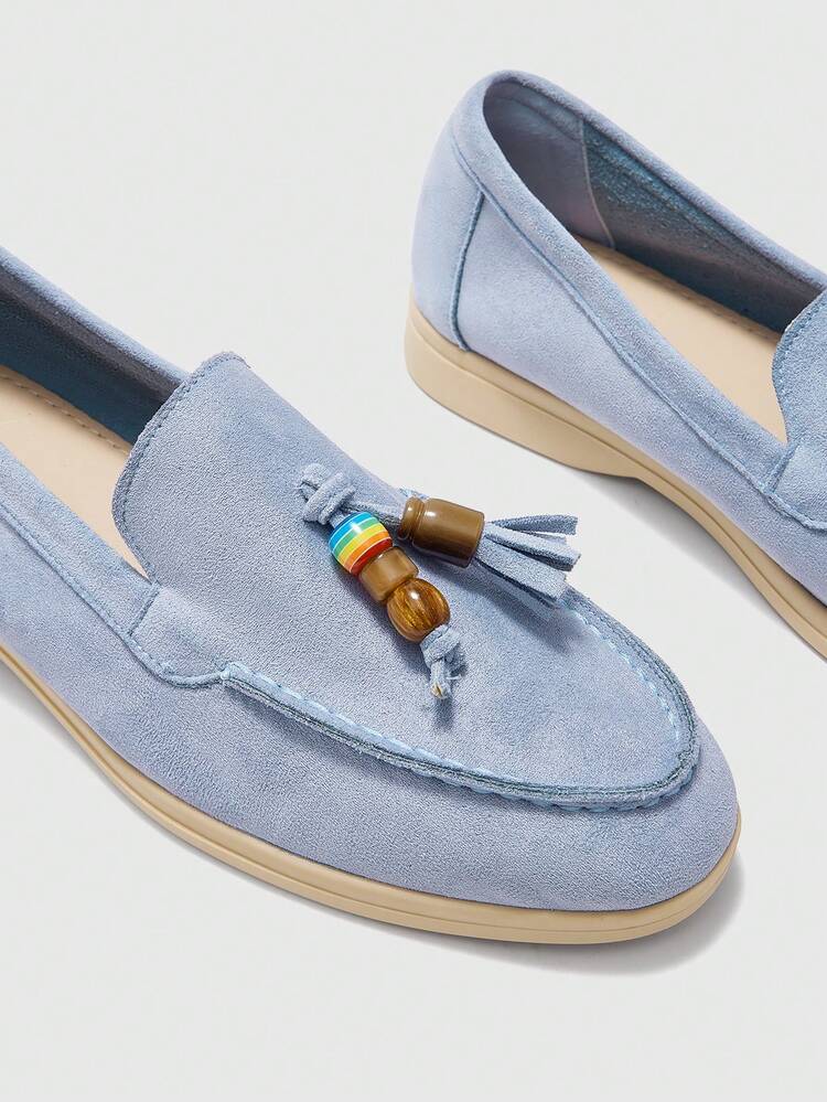 CUCCOO BIZCHIC Fashion Sky Blue Suede Retro Beads Comfortable Commuter Women's Flat Loafers Women's Flat Single Shoes Suitable For Outdoor Vacation Shopping To Work Daily Versatile Flat Women's Shoes