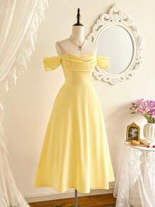 Vintamour Robe jaune élégante vintage pour femmes, patchwork en dentelle épaules dénudées avec poches, tenue décontractée pour vacances d'été, rendez-vous, invitée de mariage, fête, remise des diplômes, bal de promo - Jaune d'oie - Voir 5