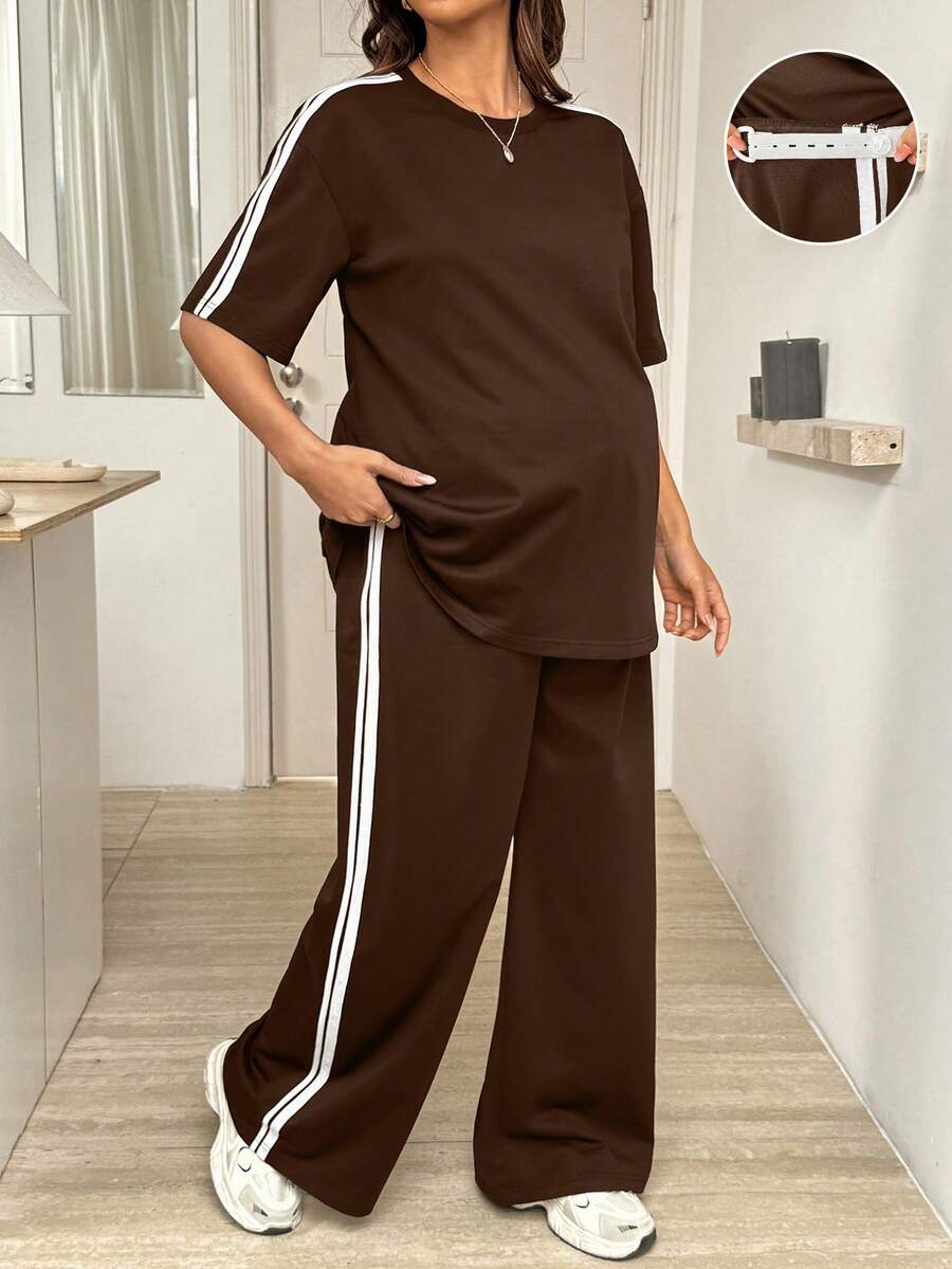 SHEIN 两件套孕妇休闲舒适侧条纹上衣和裤子套装 - 棕色 - 查看 1