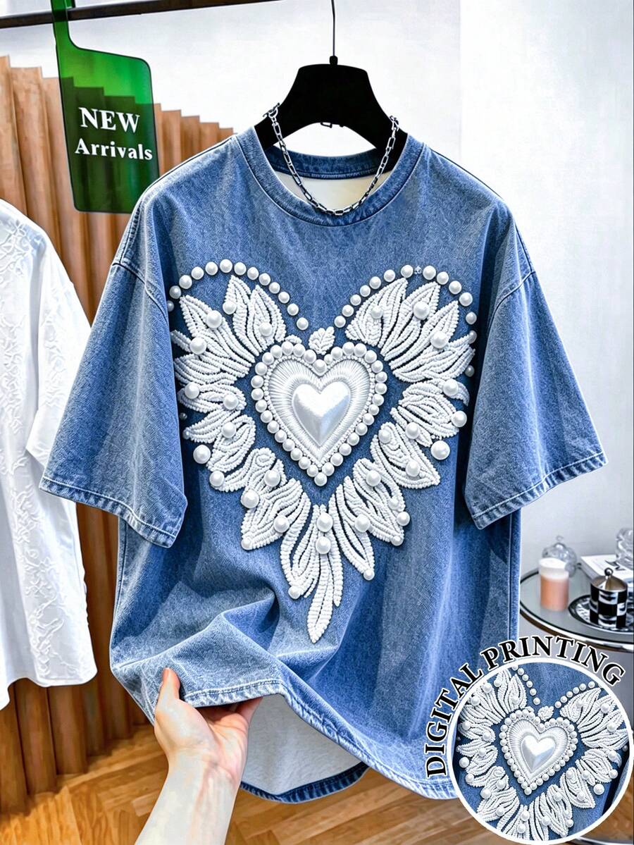 SHEIN 夏季休閒風:特殊圖案印花、珠飾愛心印花、特別版圓領短袖T恤,仿雙層工藝處理 - 白色 - 查看 1