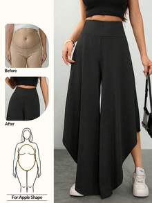 SHEIN PETITE Quần dài nữ dáng rộng bất đối xứng, thích hợp cho mùa xuân/hè, lễ tốt nghiệp và mùa thu. - màu đen - Xem 1