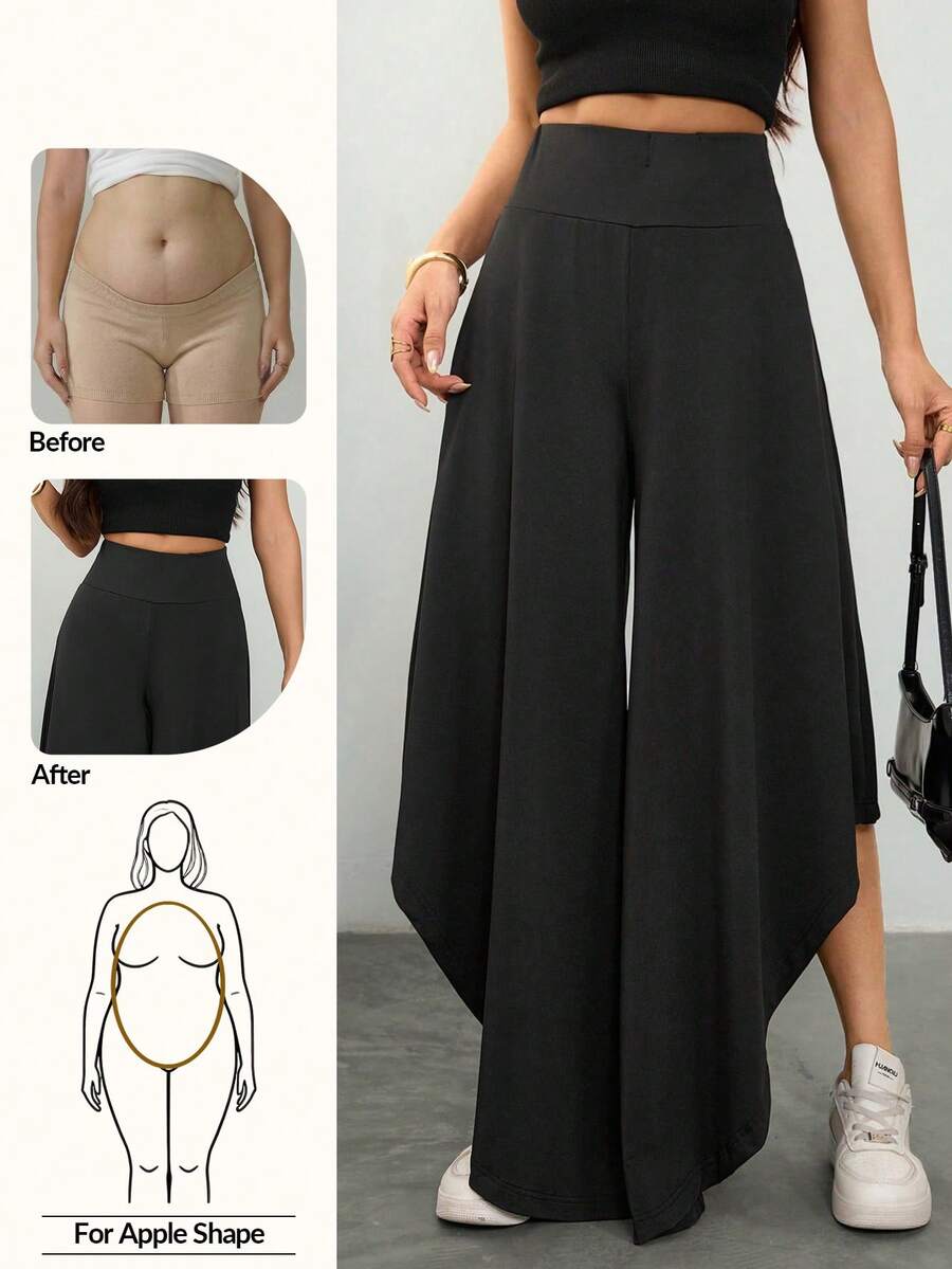 SHEIN PETITE Quần dài nữ dáng rộng bất đối xứng, thích hợp cho mùa xuân/hè, lễ tốt nghiệp và mùa thu. - màu đen - Xem 1
