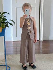 Travachic KIDS Young Girl Metal Decor Halter Top And Pants Casual Daily Outfit - Grey - View 7