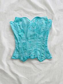 Soleia 女款藍色花卉蕾絲抹胸束腰上衣，鏤空刺繡修身款，夏季優雅度假度假穿搭 - 藍色 - 查看 3