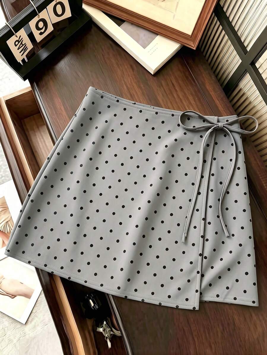 Franclia 女士时尚波点蝴蝶结前系带休闲宽松半身裙,适合工作和日常穿着。 - 灰色 - 查看 1