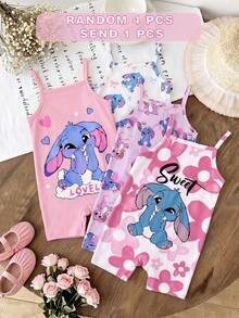 女嬰可愛粉色夏季休閒肩帶連身褲，Kawaii 藍色兔子 Lulu & Stitch 圖案，漸層花卉圖案，韓系舒適女嬰日常穿搭 - 彩色 - 查看 3