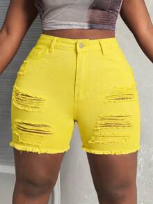 Slaydiva Plus Size Summer Fashion Solid Color Distressed Frayed Hem Skinny Denim Shorts - Yellow - View 7