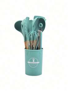 Juego de 12 piezas de utensilios de cocina de silicona con mango de madera antiadherente, resistentes al calor, con cubo de almacenamiento - Multicolor - Ver 12