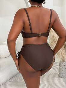 Slaydiva Plus Size Women 2pcs/Set Random Print Underwire Bikini Swimwear, Casual Holiday Outfit - Coffee Brown - View 2