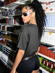 Slouenne Slouenne New Spring/Summer Loose Mesh Patchwork Pattern Design Casual Graphic Streetwear T-Shirt For Women Nightout Black - Black - View 2