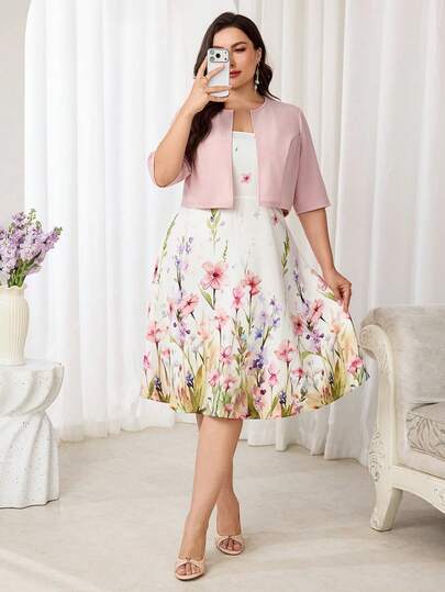 Modelyn Plus Size Elegant Solid Color Cropped Top & Floral Print Dress 2-Piece Set