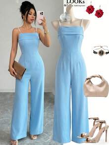 SHEIN Raffinéa Women's Summer Light Blue Pearl Decor Chain Strap Elegant Commuter Style Fitted Ruched Waist Backless Jumpsuit - Baby Blue - View 3