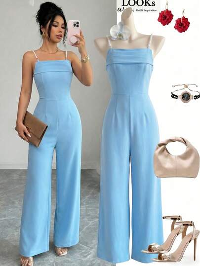 SHEIN Raffinéa Women's Summer Light Blue Pearl Decor Chain Strap Elegant Commuter Style Fitted Ruched Waist Backless Jumpsuit