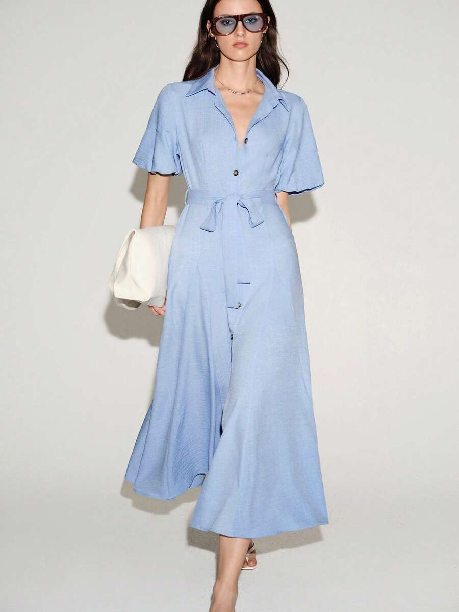 Lumivelle Women's Light Blue Simple Smart Casual French Elegant Summer Office Brunch Shirt Dress Collared Puff Sleeve Tie Waist A-Line Midi Teachers' Day - Blue - View 1