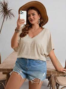 SHEIN Frenchy Plus Size Casual Lace Patchwork Twist Hollow Batwing Sleeve T-Shirt - Apricot - View 3