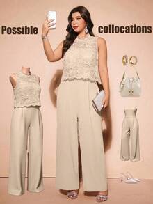 Cravure Elegante Elegante Mono Camisola de Encaje & Cuero Sintético con Tirantes Invisibles, Volantes, Conjunto de 2 Piezas Talla Grande - Albaricoque - Ver 1