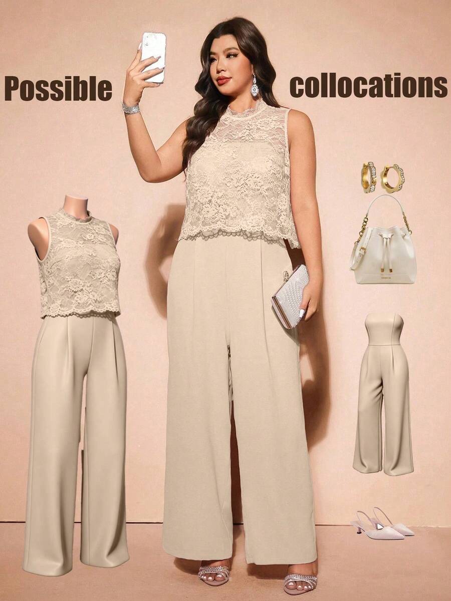 Cravure Elegante Elegante Mono Camisola de Encaje & Cuero Sintético con Tirantes Invisibles, Volantes, Conjunto de 2 Piezas Talla Grande - Albaricoque - Ver 1
