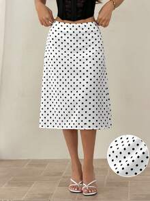 SHEIN PETITE Chân váy chữ A thanh lịch, đa năng, họa tiết chấm bi dành cho nữ. - Đen và trắng - Xem 5
