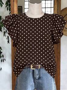 EMERY ROSE Women's Polka Dot Print Round Neck Ruffle Sleeve Casual Versatile T-Shirt, Spring/Summer New Arrival Hot Selling - Multicolor - View 3