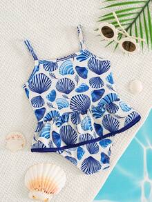 Cozy Pixies Baju Renang Terusan Bayi Perempuan untuk Liburan, Motif Kerang Biru & Putih, Tali Bahu Tipis, Hem Berkerut, Baju Renang Lucu dengan Trim Kontras untuk Kolam Renang, Liburan - Blue and White - View 5