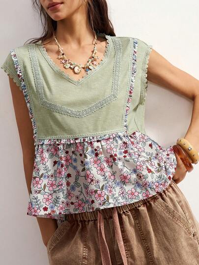 Bohemela Women's Floral Print V-Neck Casual Tank Top